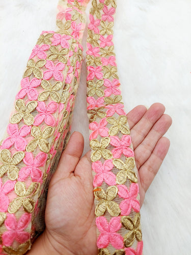 Beige Net Fabric Trim With Gold Embroidery, Floral Embroidery, Available in 6 Colours